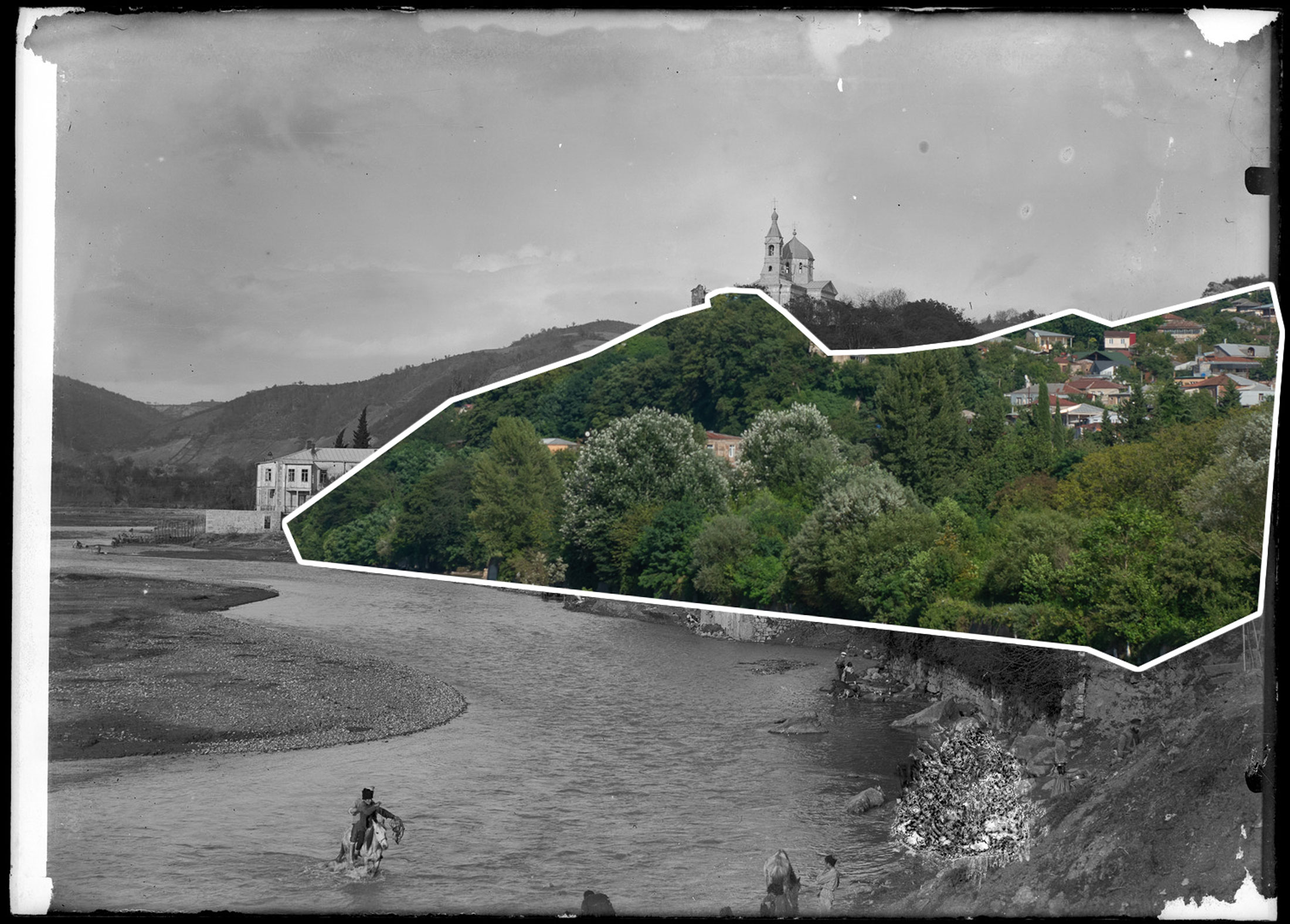 The left bank of the Rioni River overlooks one of Kutaisi's historical neighborhoods, the slope of t ...