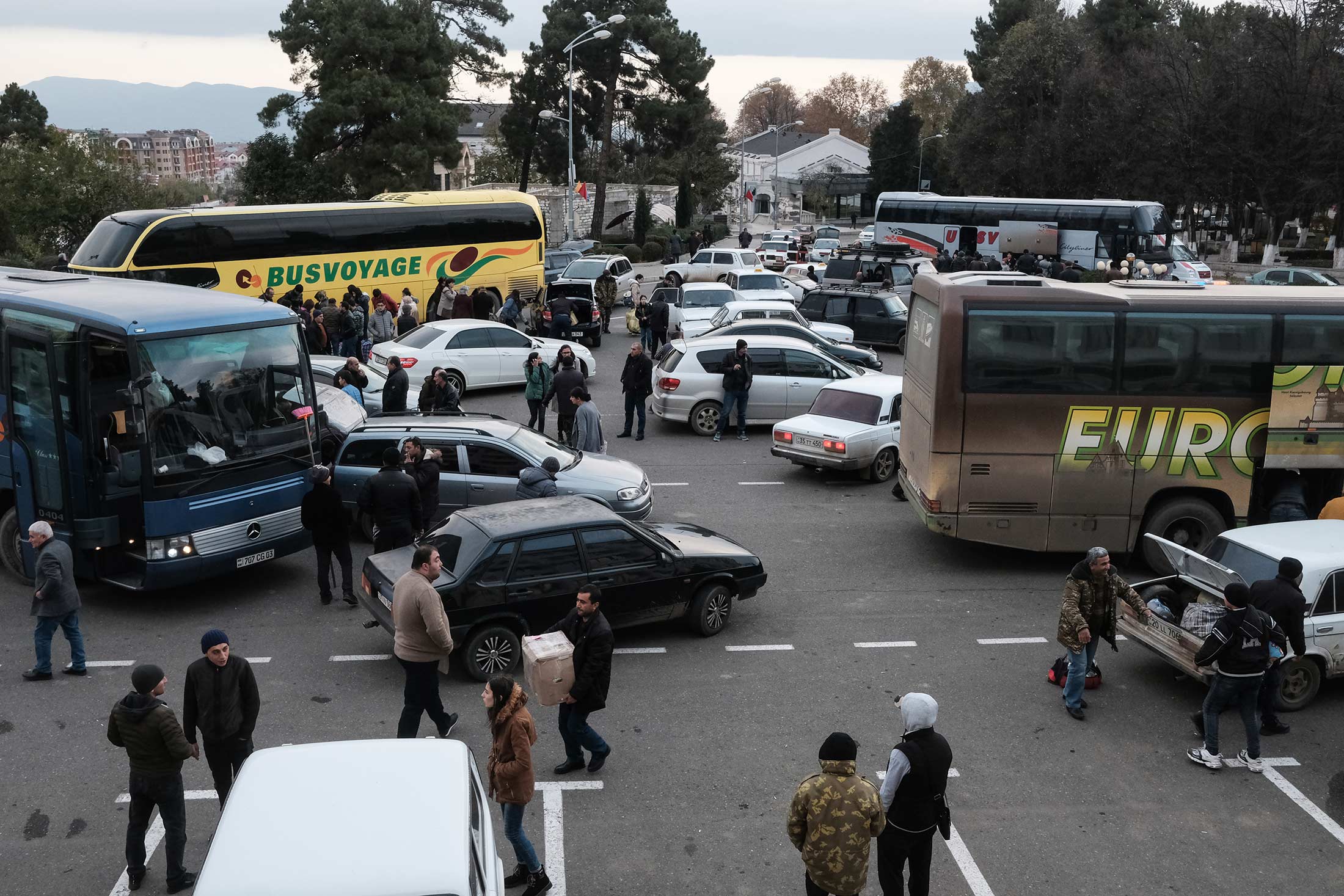 Dozens of busses carrying returning refugees arrive in Stepanakert every day. Reportedly, 13,000 peo ...