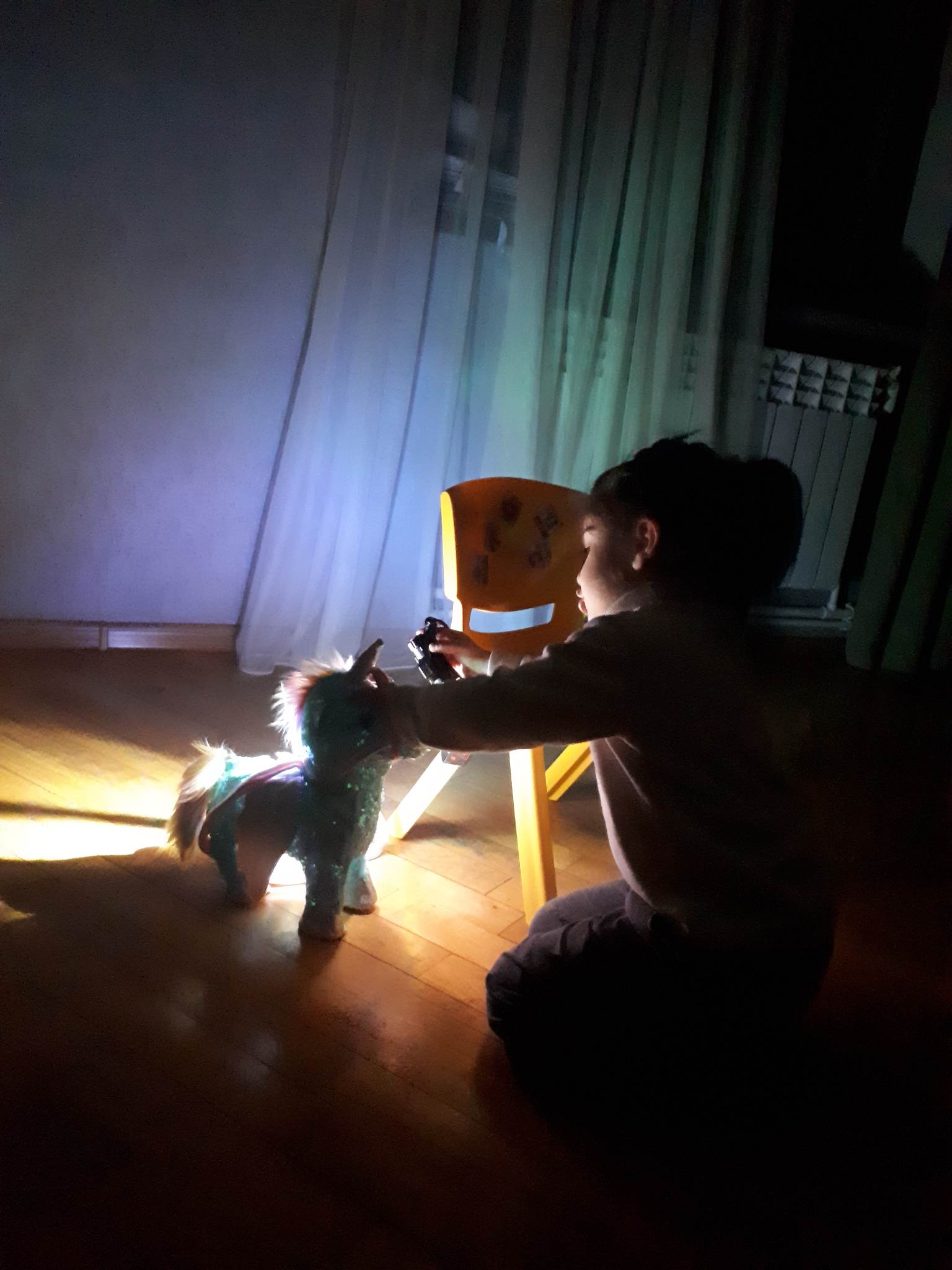 As soon as the lights go off, Sara gathers her toys and sits next to them with a flashlight so that ...