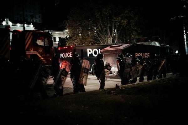 For several days, the police dispersed protesters every night on Rustaveli Avenue using water cannon ...