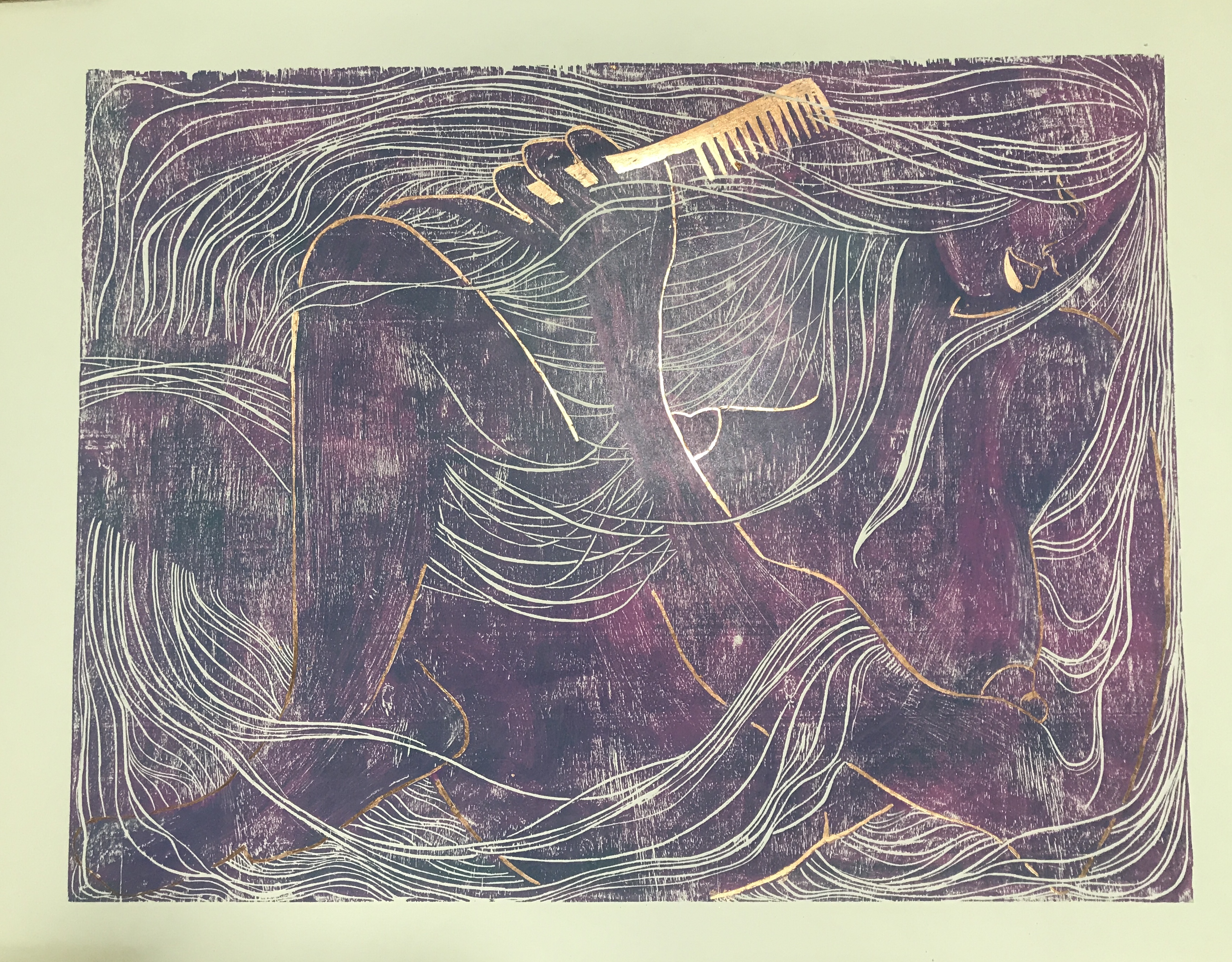 “Uncertainty” woodcut, bronze foil,  2020  Disheveled hair reflects a woman's inner suffering. The i ...